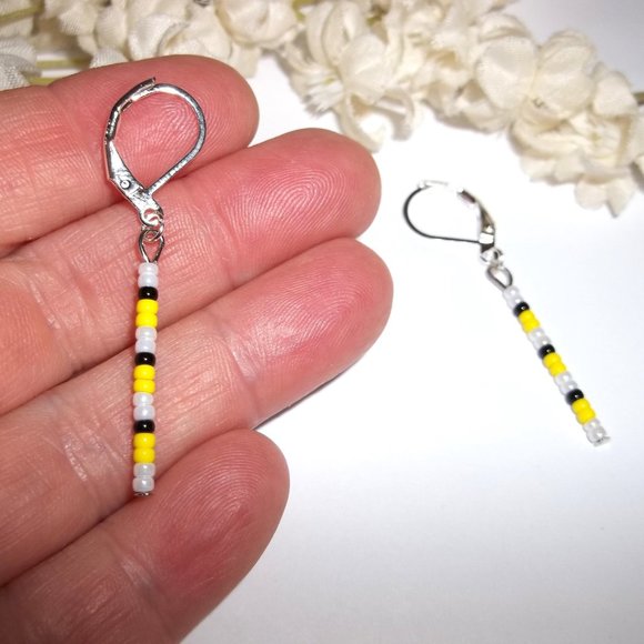 Linear Seed Bead Drop Earring Minimalist Sleek White Pearl Black Yellow Set A723 - Picture 6 of 8